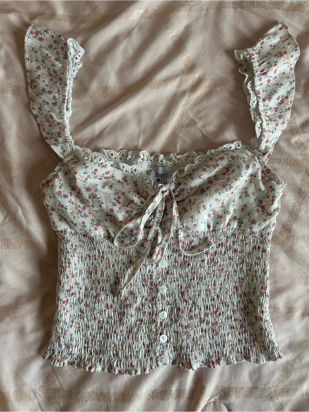 Princess Polly Cream Floral Smocked Tie-Front Crop Top